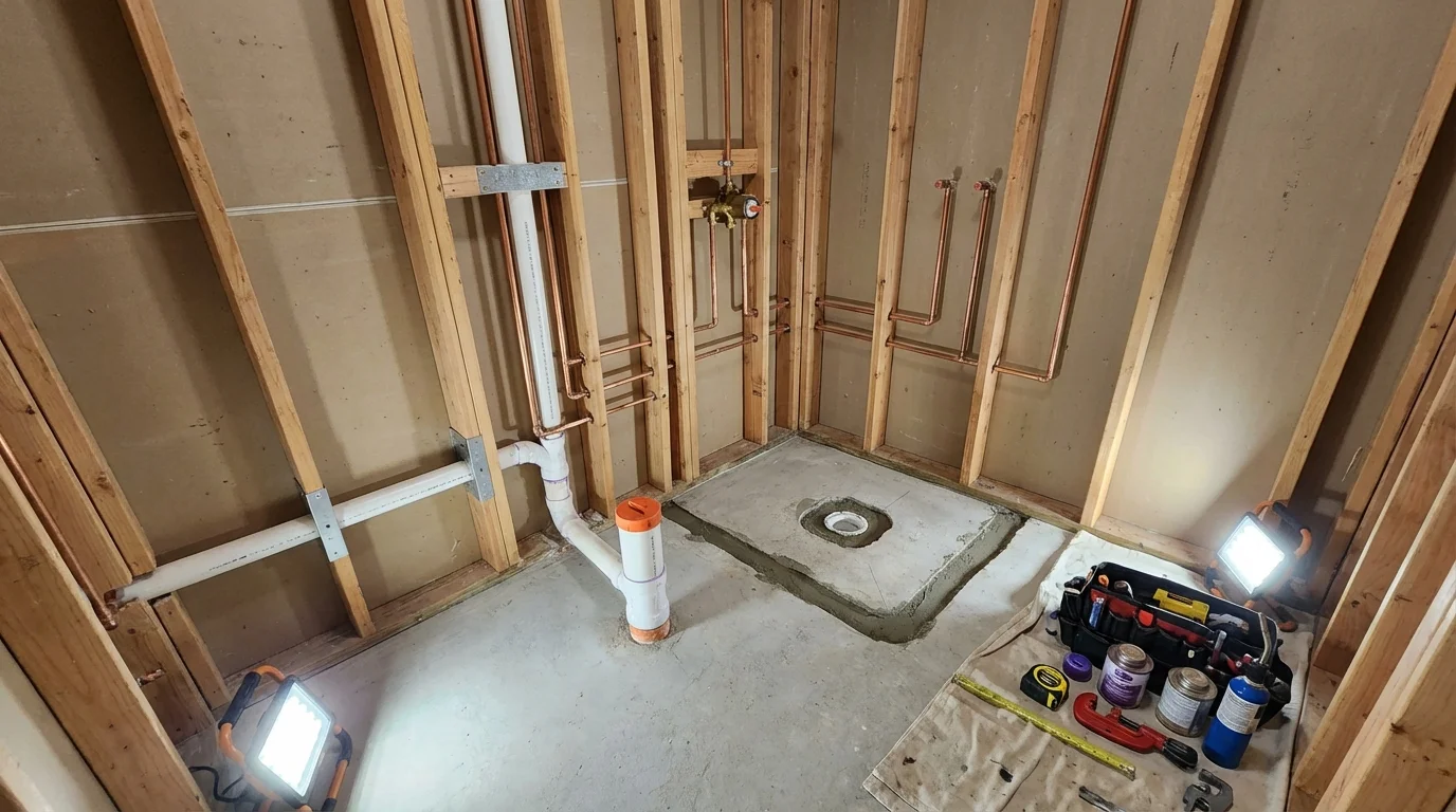 Bathroom rough-in plumbing during remodel by Johns Plumbing LLC in Steuben