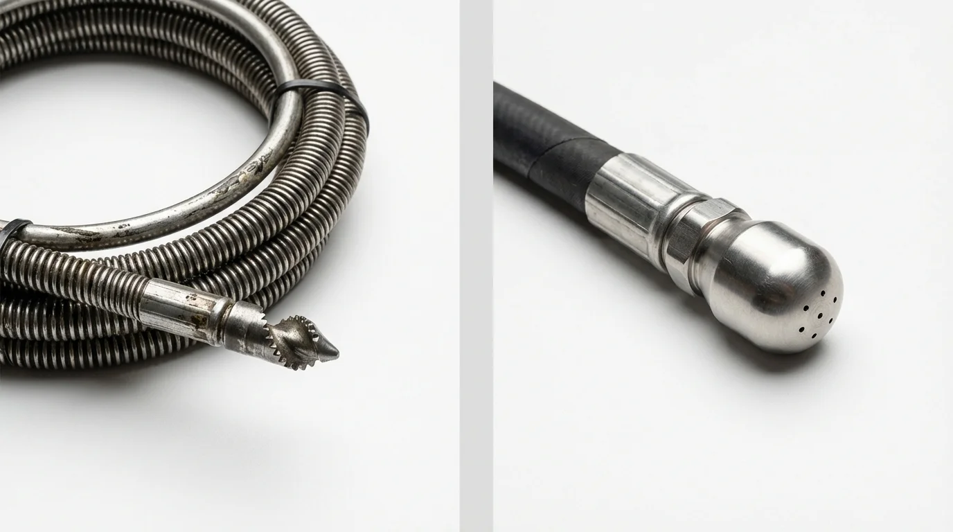 Drain snake cable and hydro jetting nozzle used for drain cleaning in Steuben, ME
