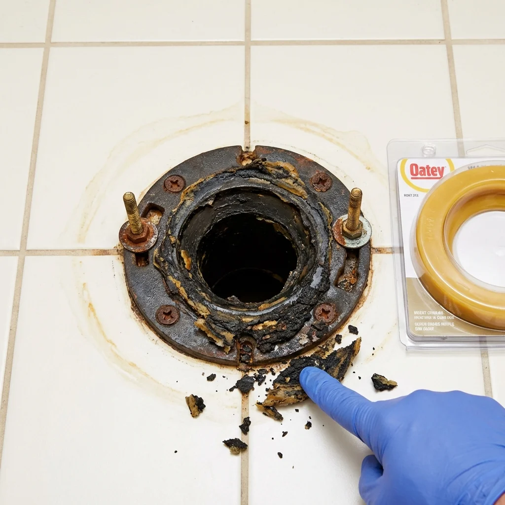 Failed wax ring showing water seepage at the base of a toilet in a Steuben, ME home